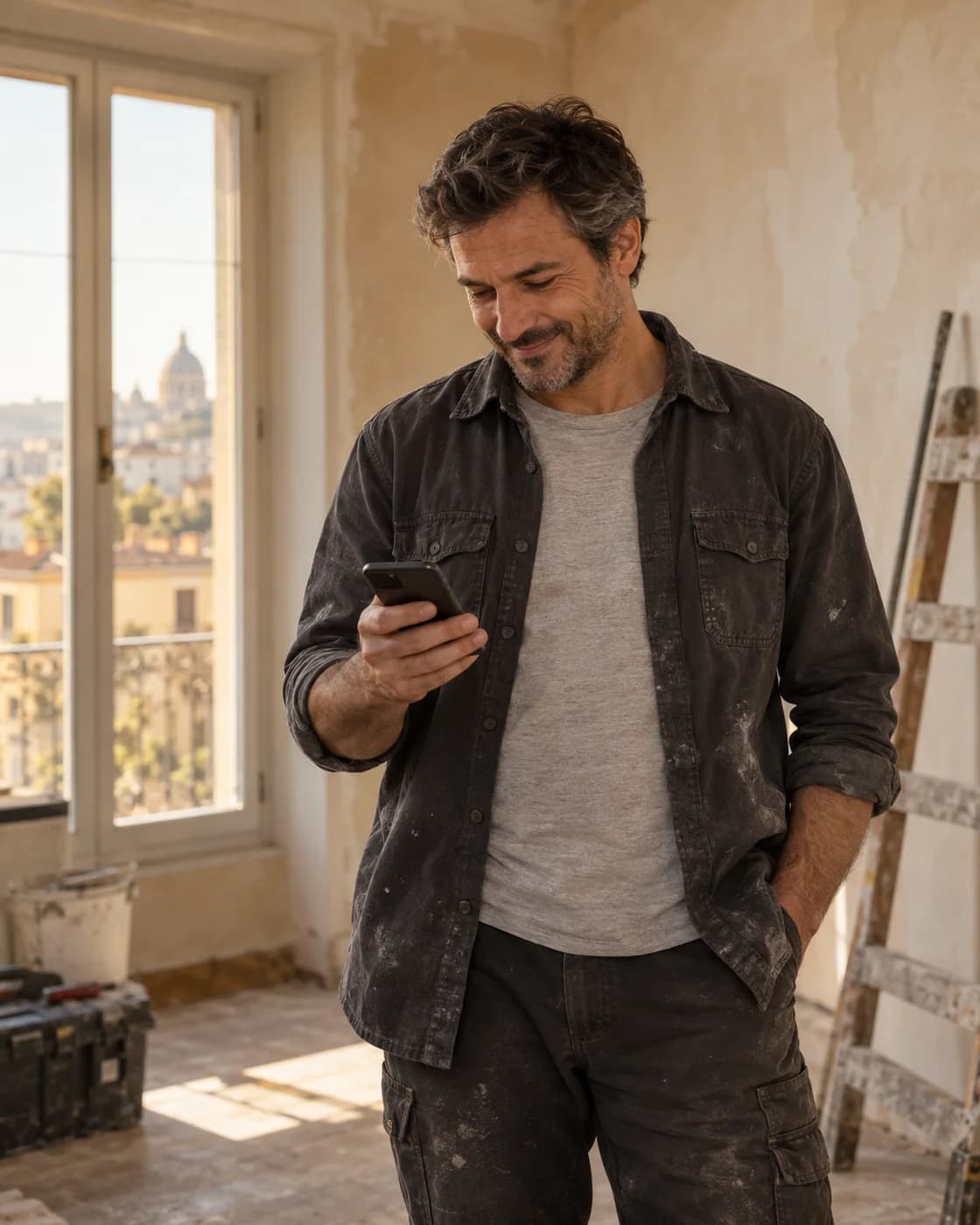 A tradesperson looks at his phone with a relaxed smile after a site visit.